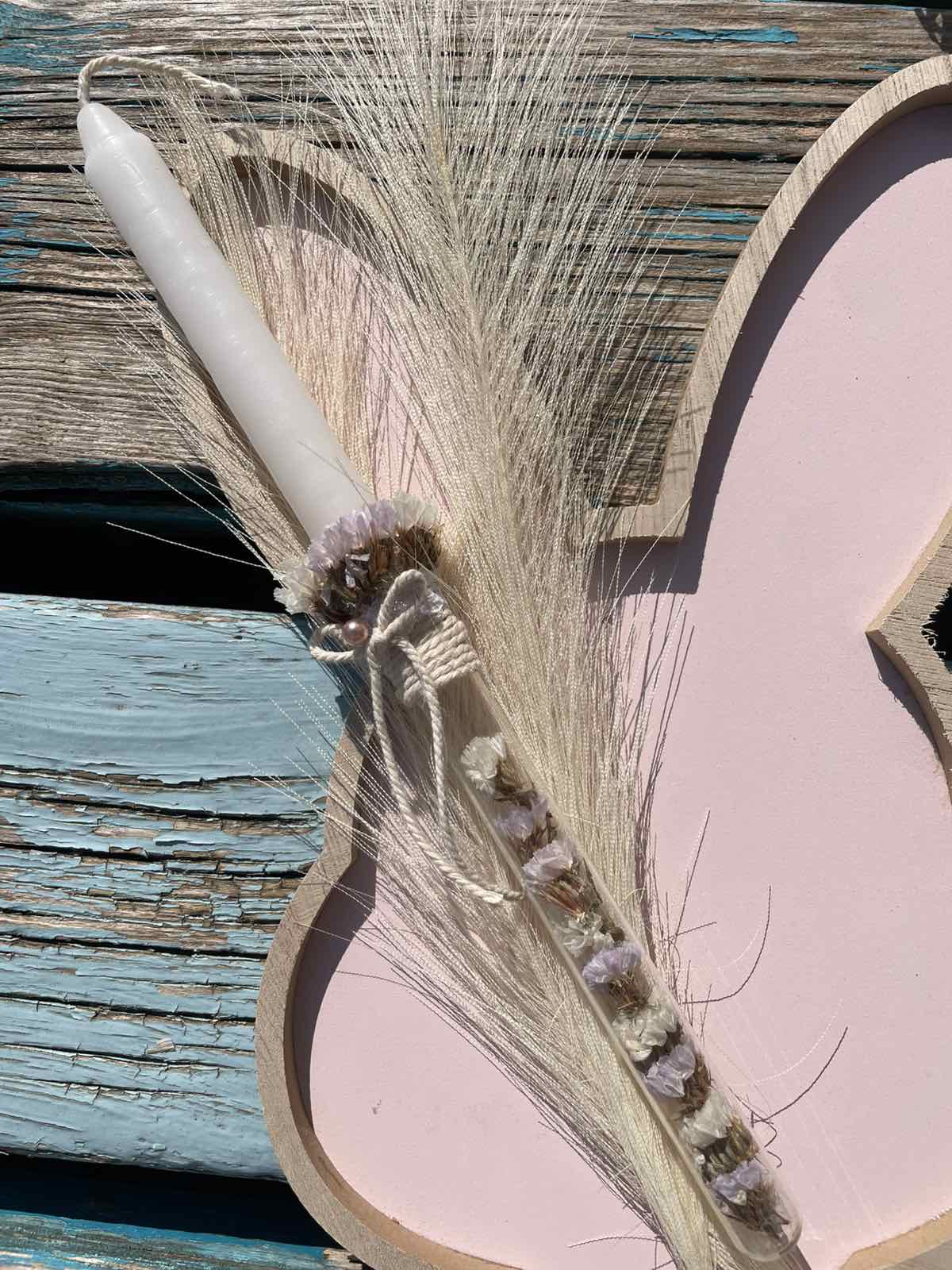 Λαμπάδα με κρύσταλο και αποξηραμένα λουλούδια 30 εκ