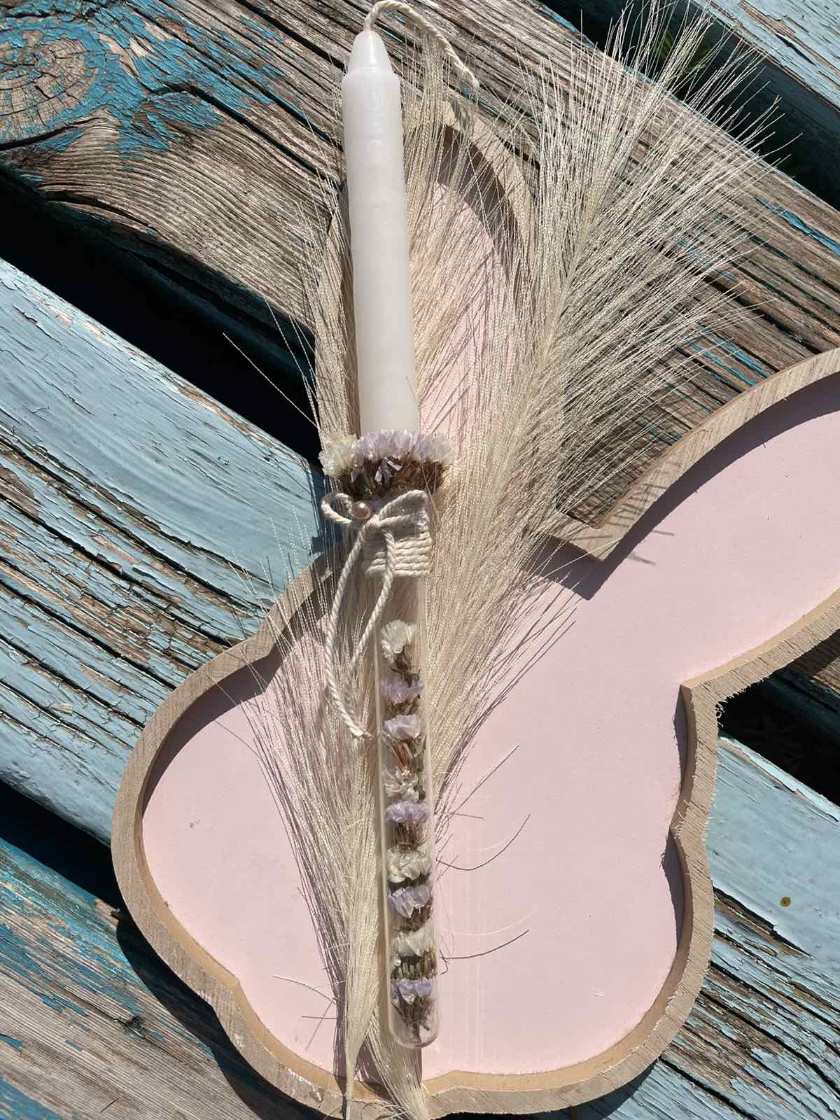 Λαμπάδα με κρύσταλο και αποξηραμένα λουλούδια 30 εκ