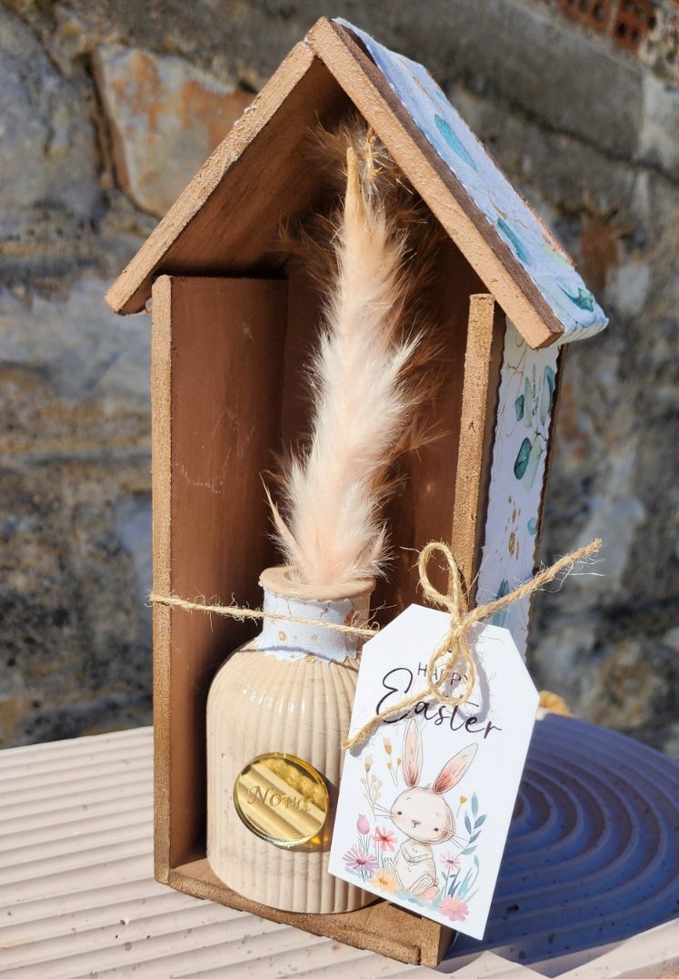 Πασχαλινό Ξύλινο Σπιτάκι με Boho Βαζάκι & Pampas Grass Μεγάλο