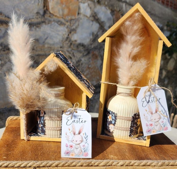 Χειροποίητο Πασχαλινό Διακοσμητικό «Σπιτάκι» με Boho Βαζάκι & Pampas Grass