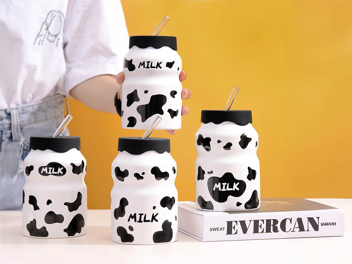 Κεραμικές κούπες με καπάκι & καλαμάκι Milk Bottle 500ml