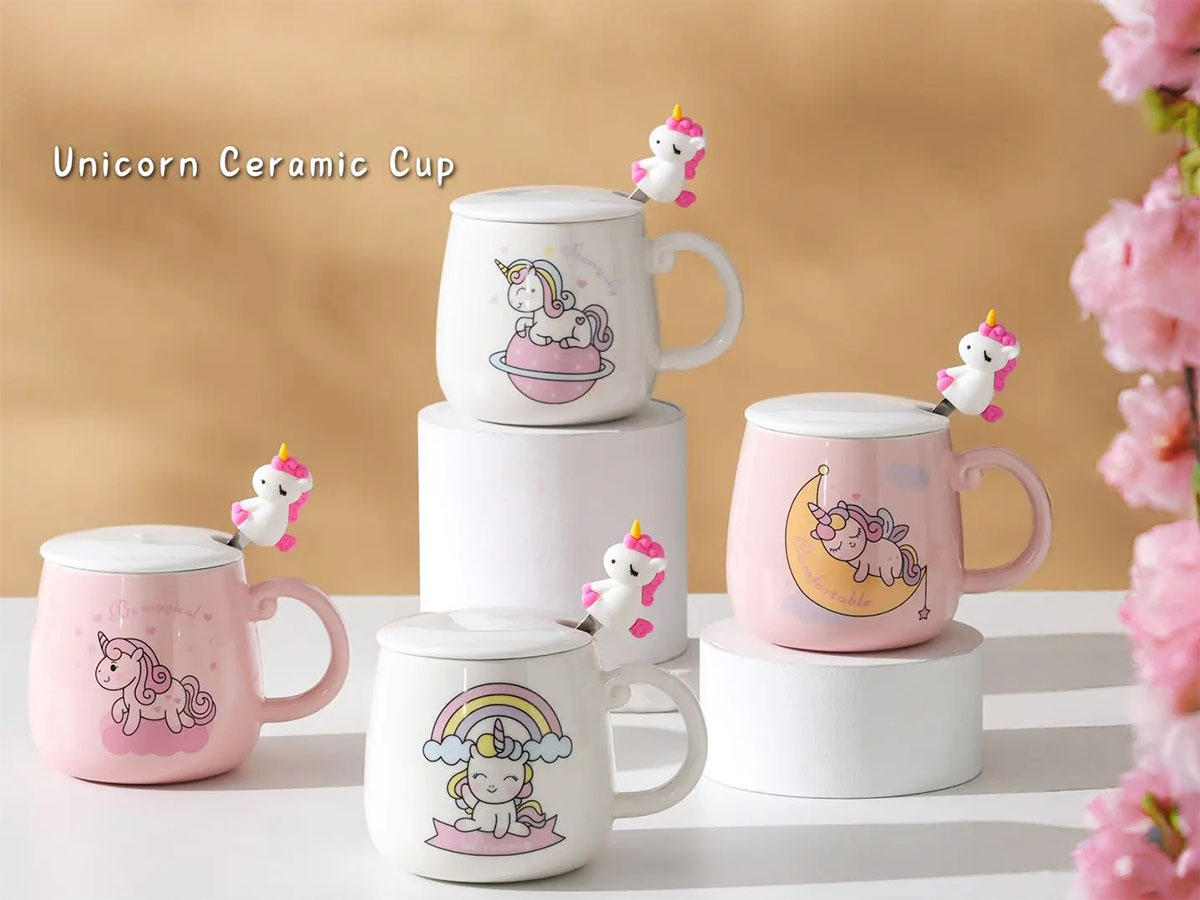 Κεραμικές κούπες με καπάκι & κουταλάκι Unicorn 400ml