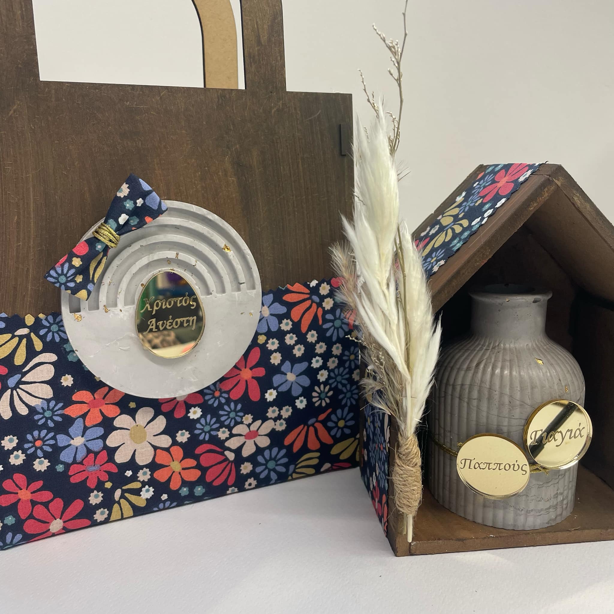 Ξύλινη Πασχαλινή διακοσμητική τσάντα μπλέ φλοράλ